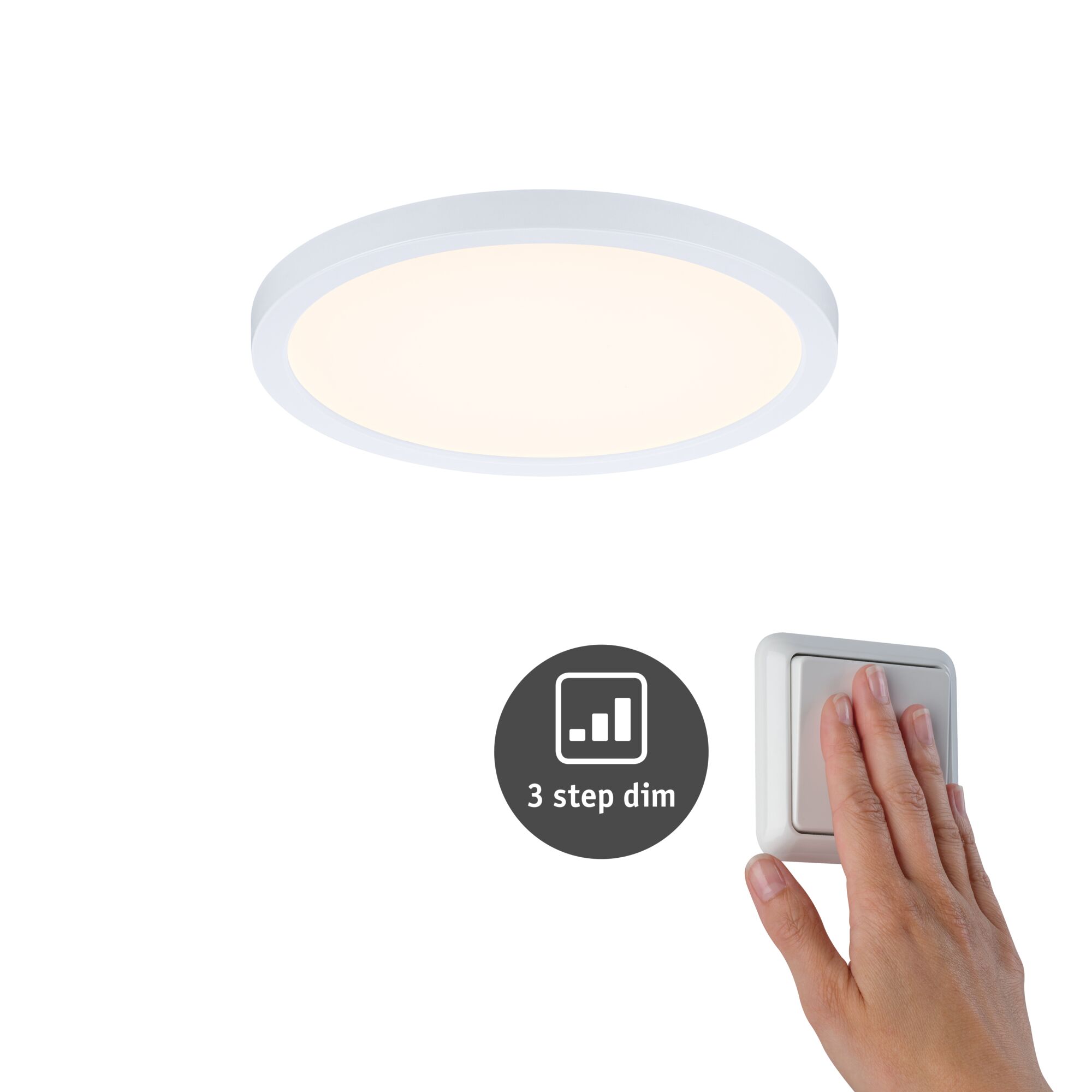 VariFit Panneau encastré LED 3-Step-Dim Areo IP44 rond 175mm 13W 1200lm 3000K Blanc gradable Plafonnier LED rond blanc avec variateur 3 niveaux et main appuyant sur interrupteur mural