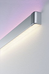 Modern silver aluminum LED wall light with warm white and violet lighting for living spaces