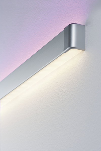 Modern silver aluminum LED wall light with warm white and violet lighting for living spaces