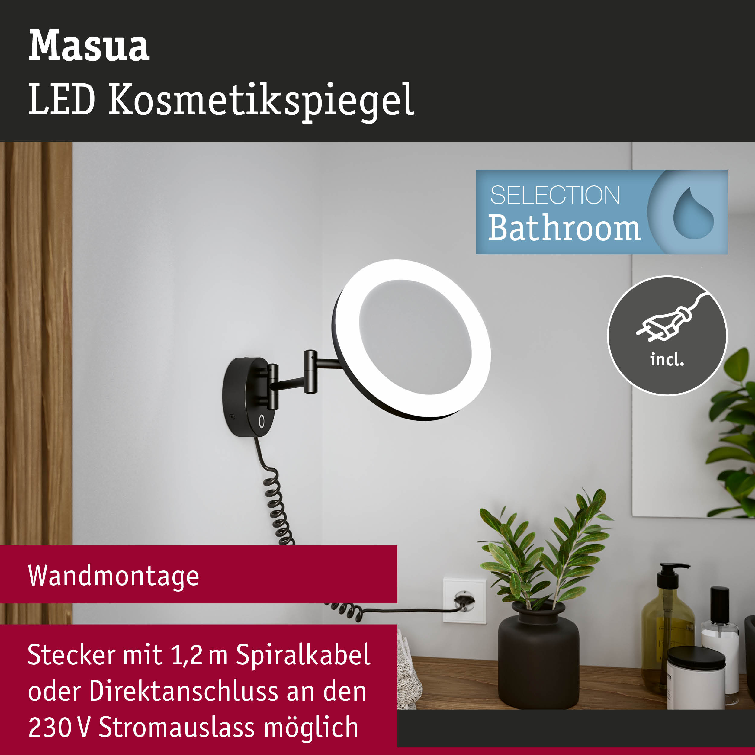 Masua LED Kosmetikspiegel in Schwarz mit Wandmontage und Spiralkabel für Badezimmerbeleuchtung