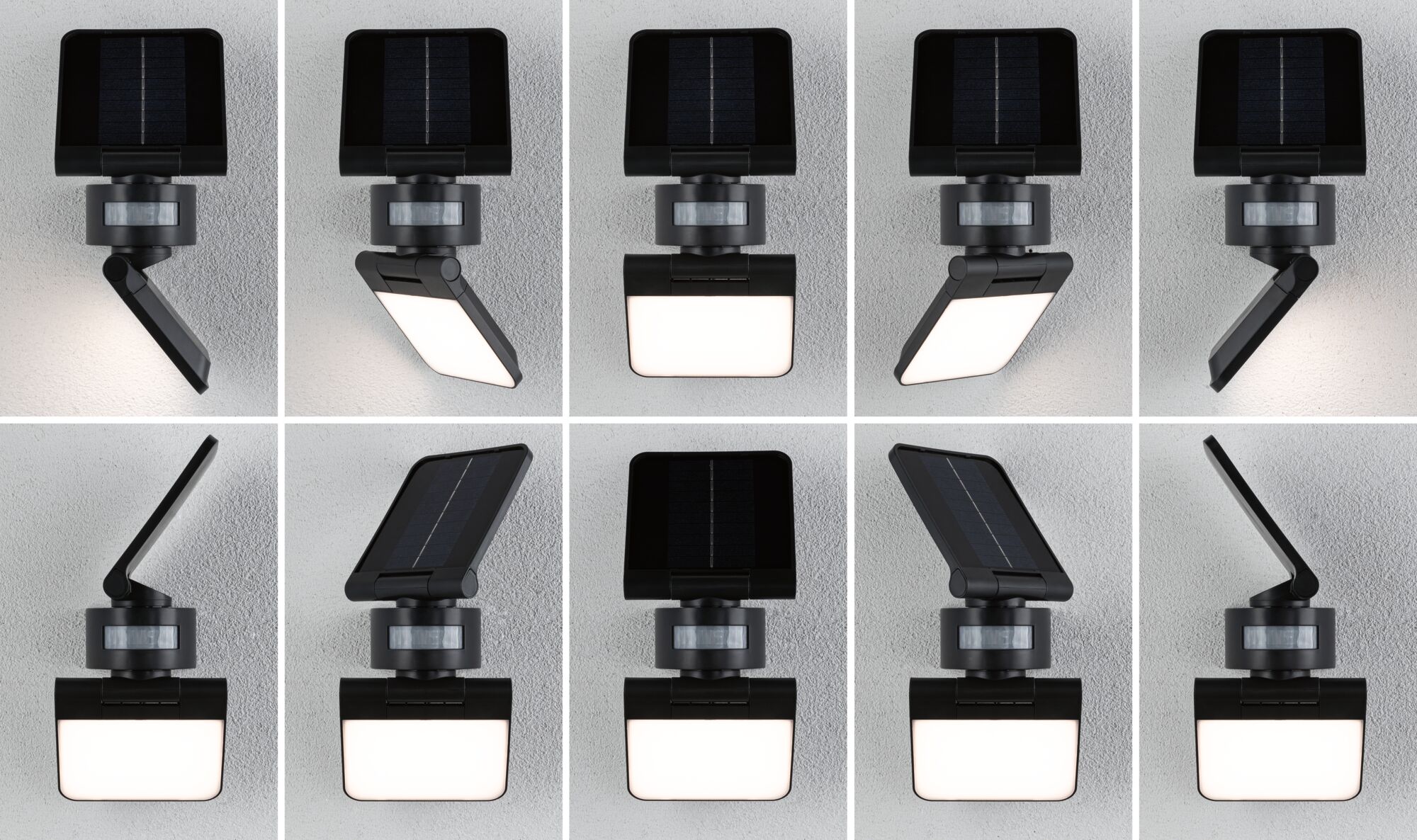 Lumière extérieure LED solaire noire avec détecteur de mouvement et panneau réglable pour jardin et terrasse.