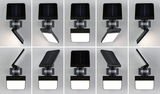 Black solar LED outdoor light with motion sensor and adjustable panel for garden and terrace lighting.