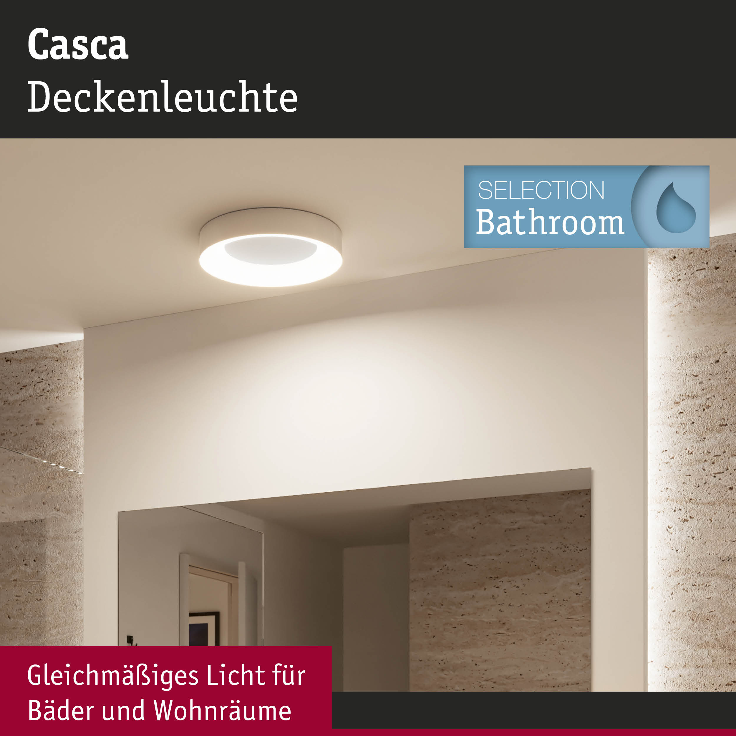 Weiße Casca Deckenleuchte aus Kunststoff mit gleichmäßigem Licht für Badezimmer und Wohnräume