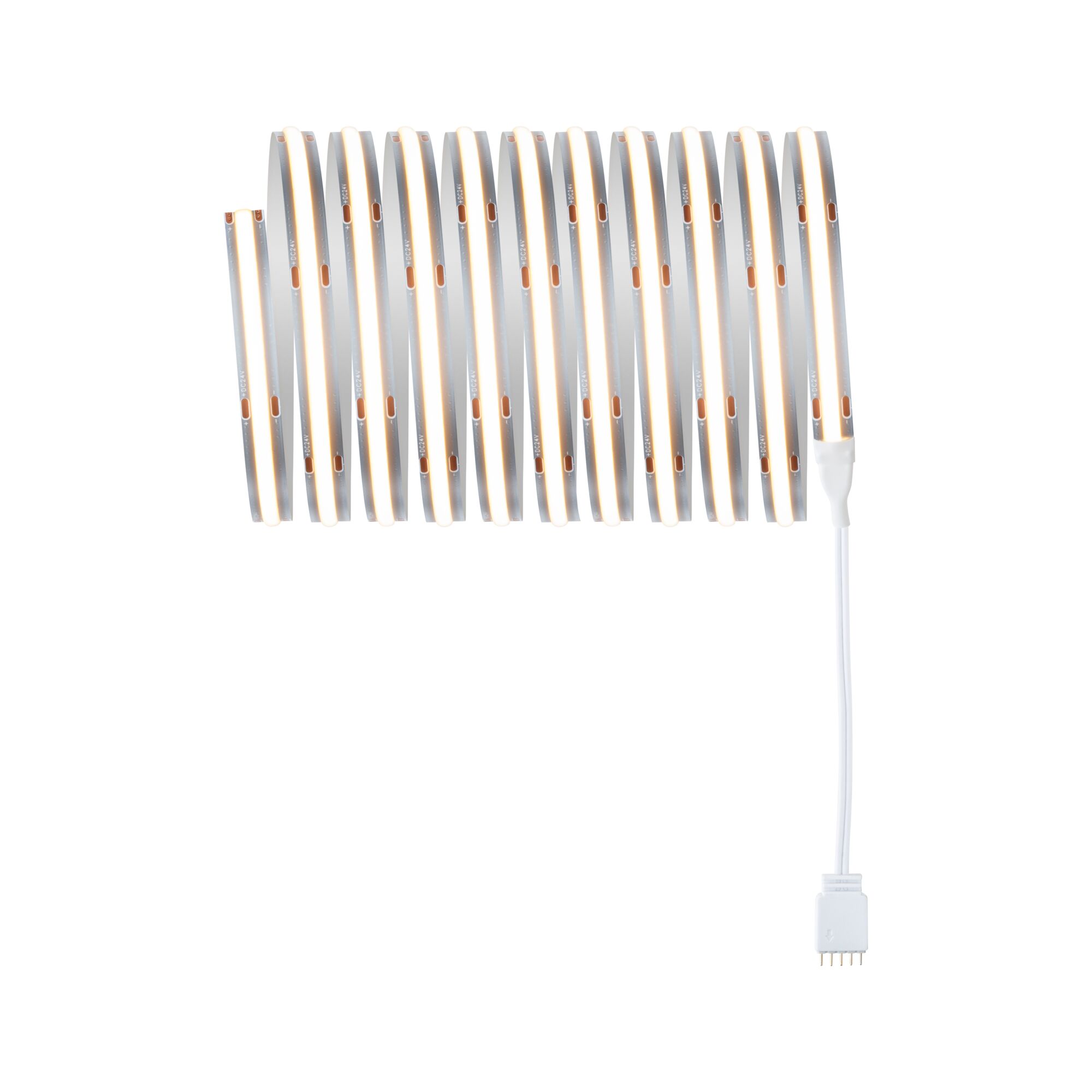 Flexible warm white LED strip with white connector cable for decorative lighting solutions