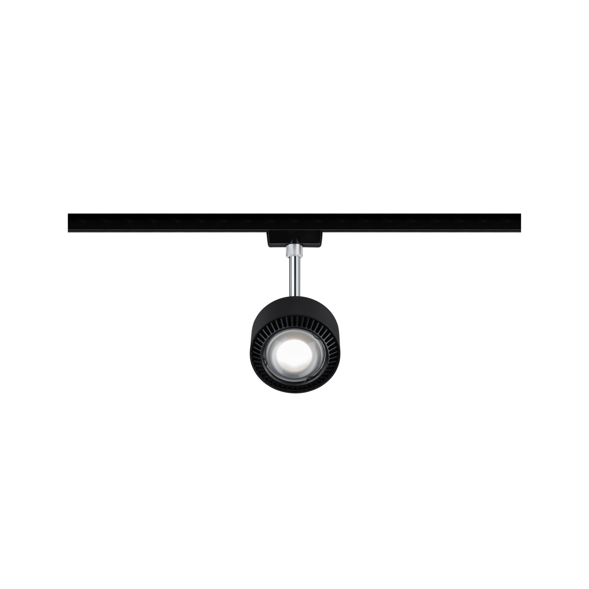 Black metal LED spotlight on track system for adjustable room lighting