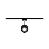 Black metal LED spotlight on track system for adjustable room lighting