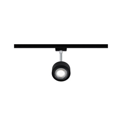 Schwarzer LED-Strahler aus Metall an Schienensystem für flexible Raumbeleuchtung