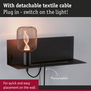 Black wall lamp with metal mesh and warm white LED light, detachable textile cable for easy installation