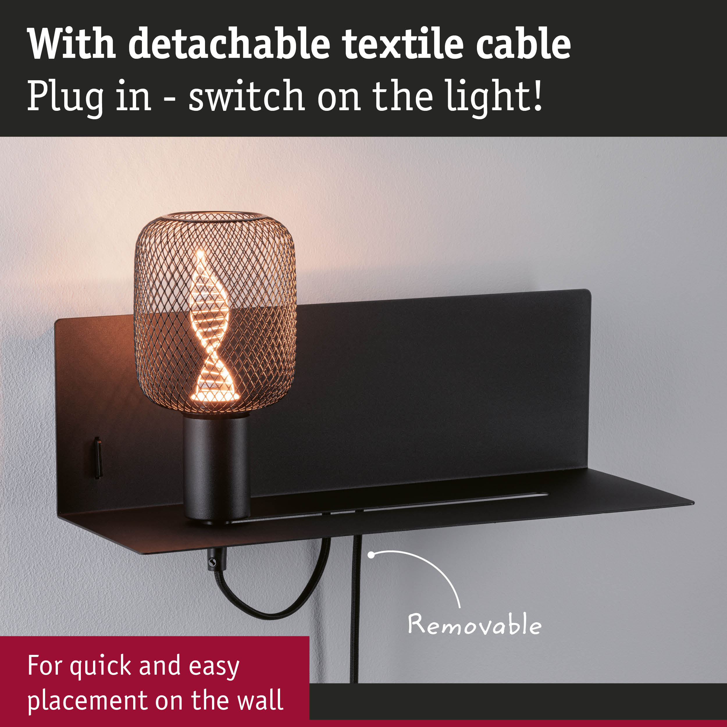 Black wall lamp with metal mesh and warm white LED light, detachable textile cable for easy installation