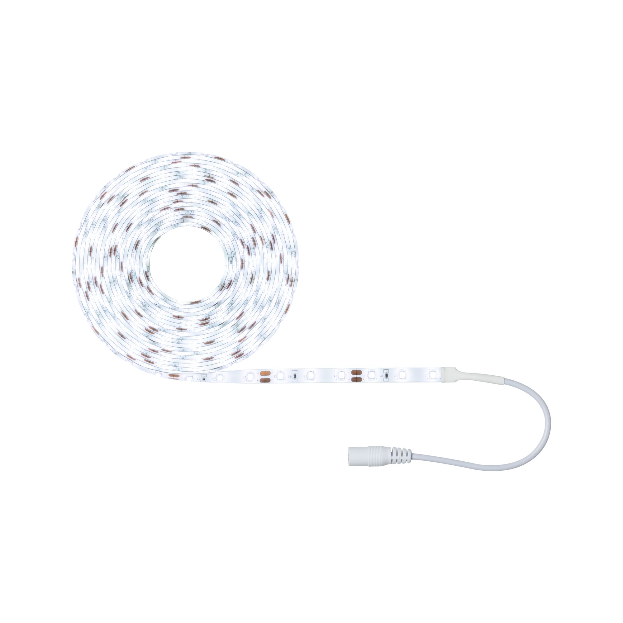 White LED strip light with flexible band and connector cable for modern lighting solutions