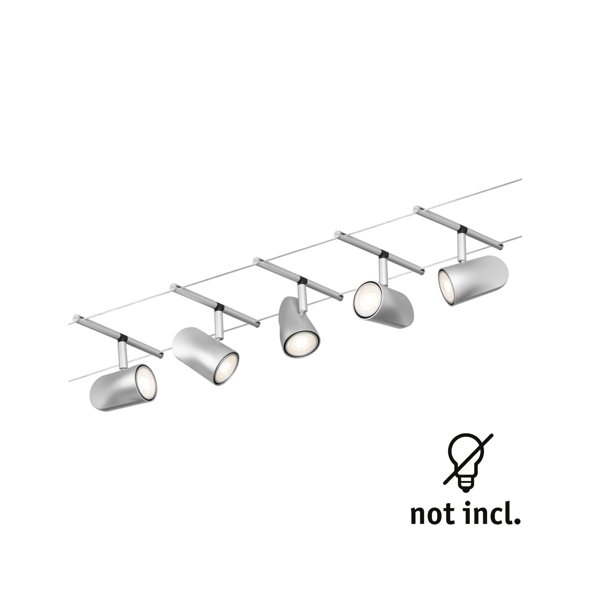 Fünf silberne LED-Seilstrahler aus Metall an dünnem Kabel, Leuchtmittel nicht enthalten, moderne Beleuchtung