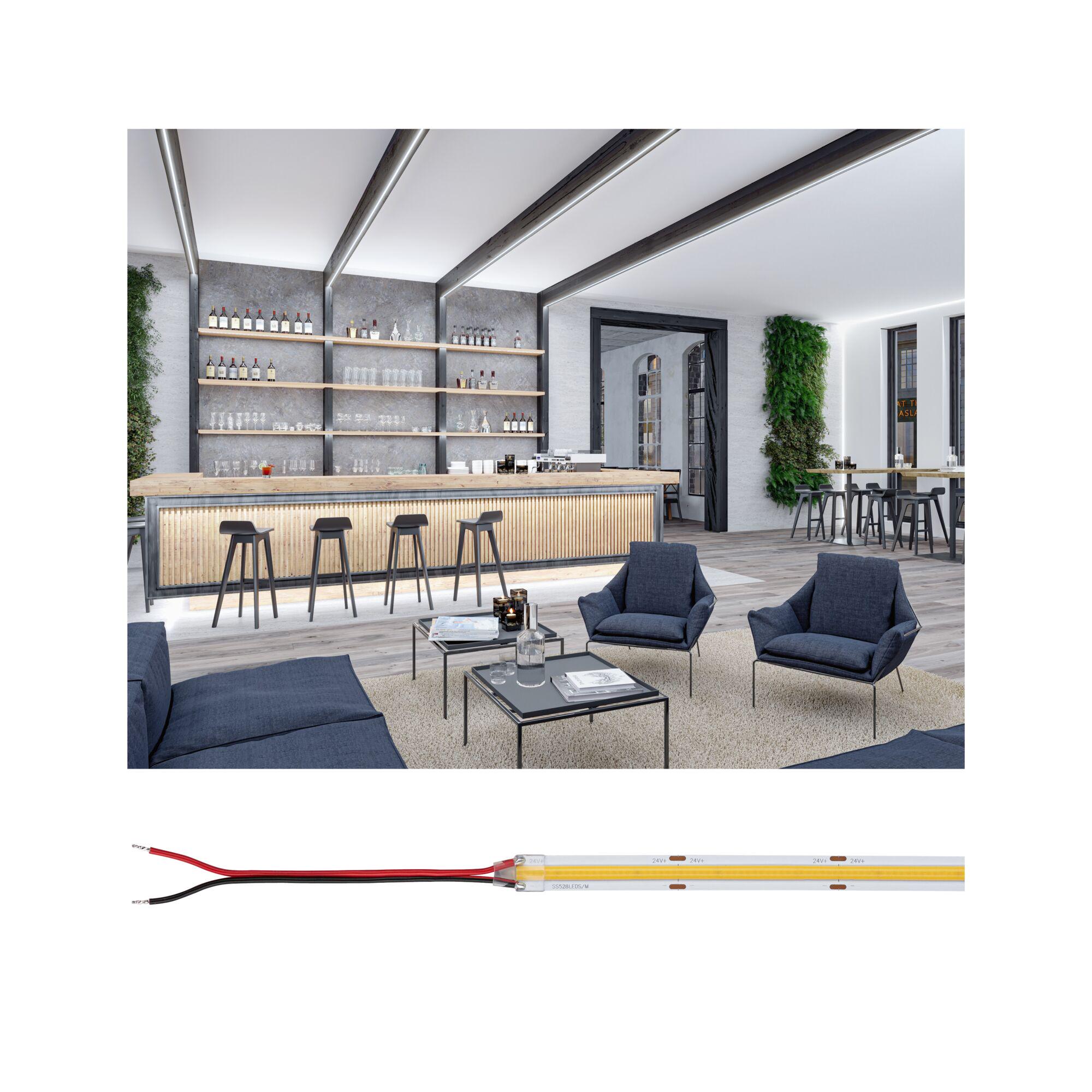 Modern bar interior with wooden counter, black bar stools and grey-white LED ceiling lighting
