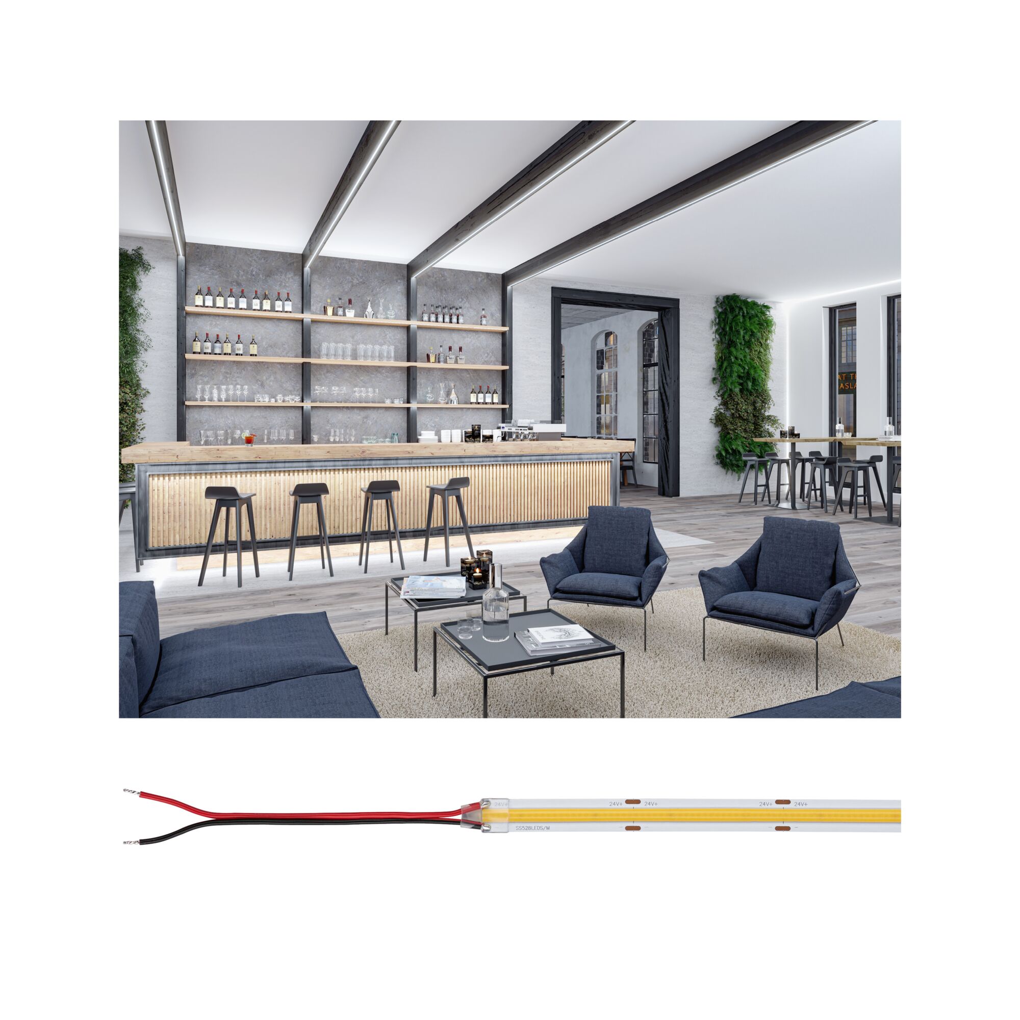 Intérieur de bar moderne avec comptoir en bois, tabourets noirs et éclairage LED gris-blanc au plafond