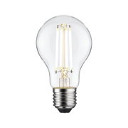 Klassische LED-Glühbirne mit transparentem Glas und silbernem Sockel für energiesparende Beleuchtung