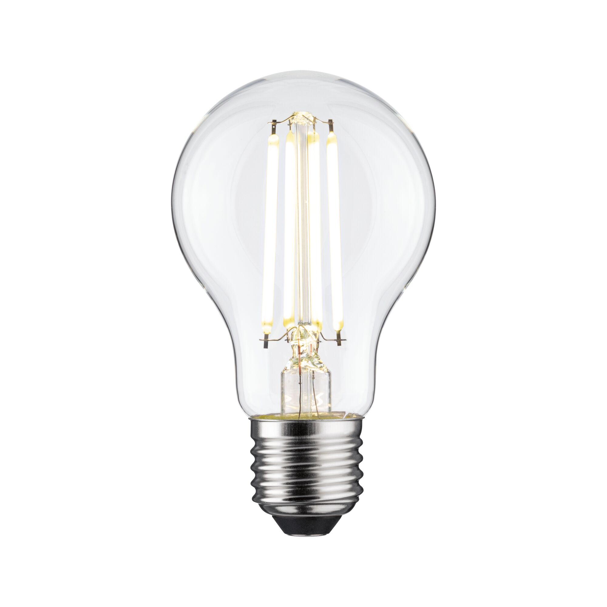Klassische LED-Glühbirne mit transparentem Glas und silbernem Sockel für energiesparende Beleuchtung