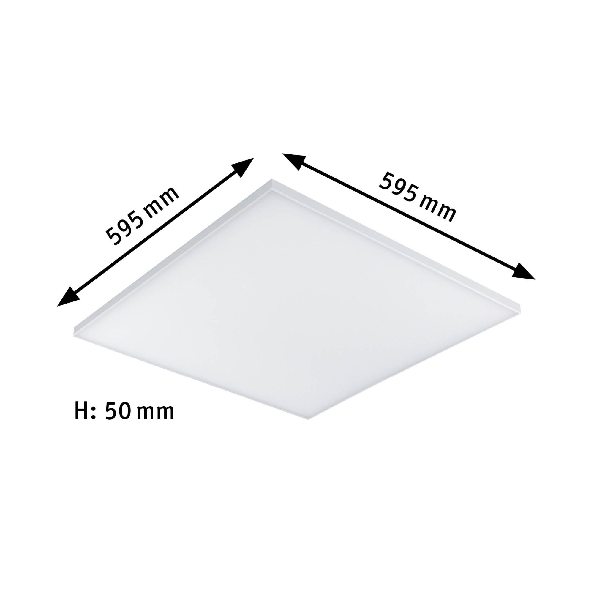 Quadratische weiße LED-Deckenleuchte mit 595x595 mm und 50 mm Höhe für moderne Raumbeleuchtung