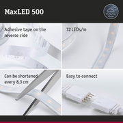 MaxLED 500 LED strip with 72 LEDs/m, adhesive tape backing, cuttable every 8.3 cm, protective cover