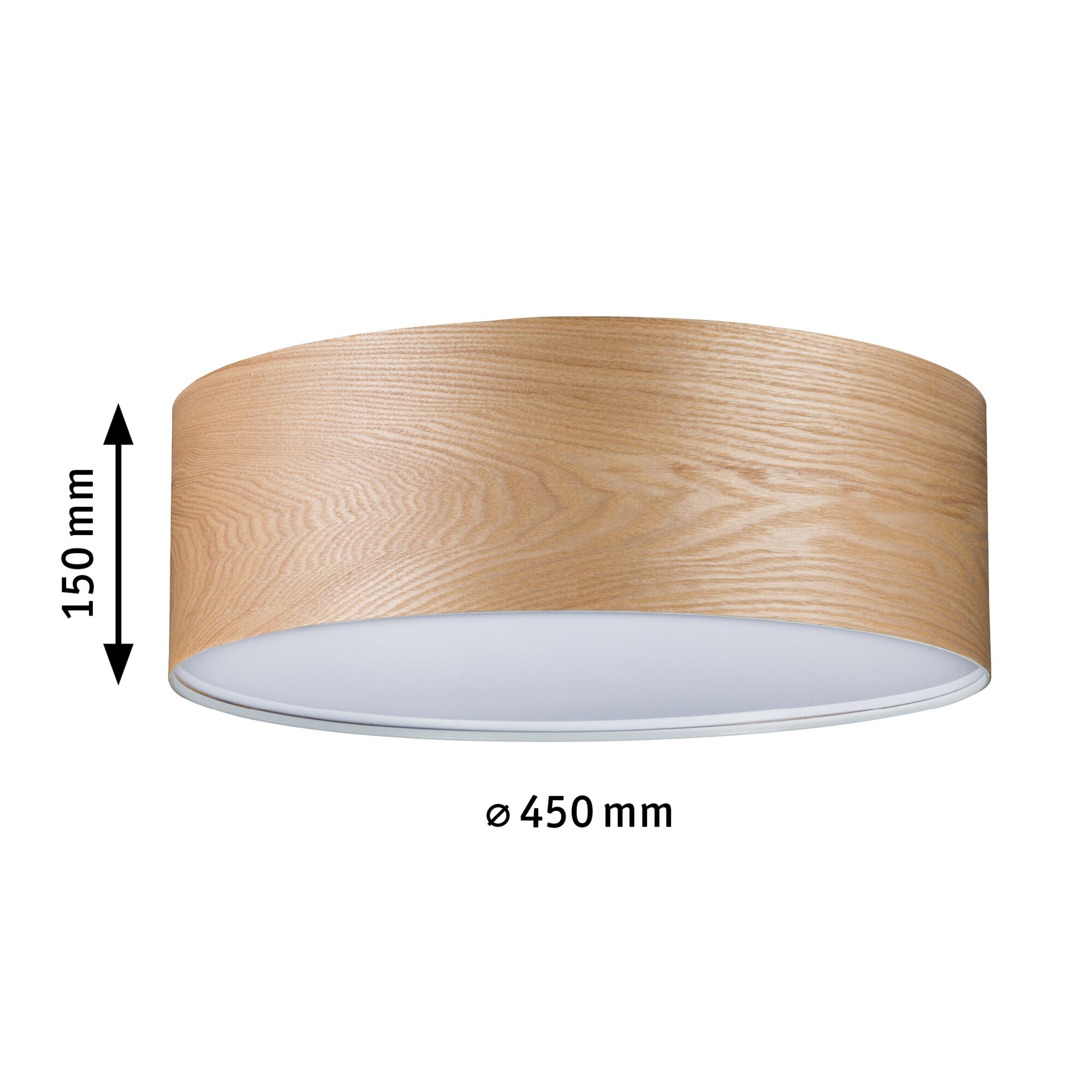 Round ceiling light with light wood finish and white diffuser, 450 mm diameter, 150 mm height