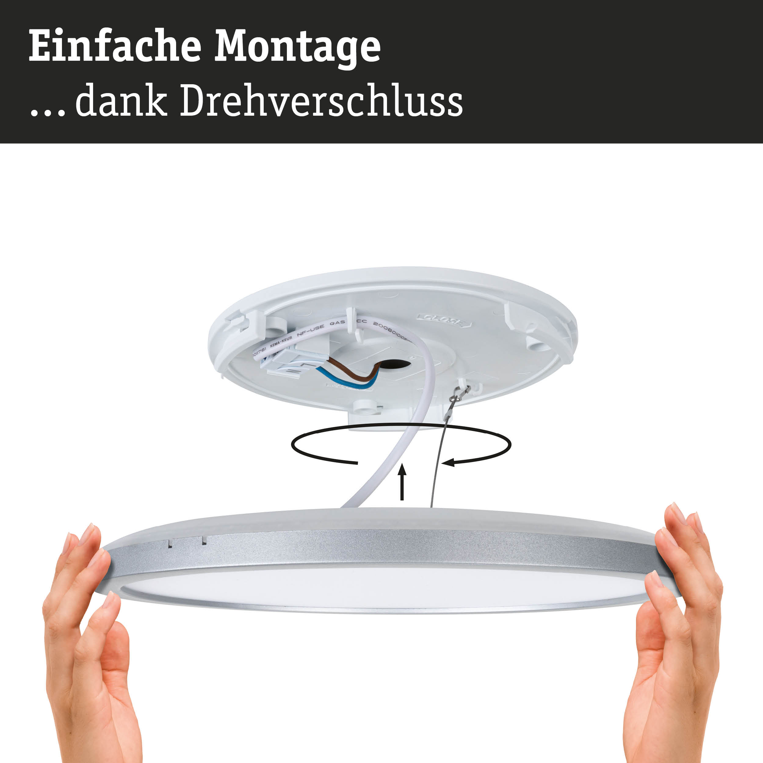 Weiße LED-Deckenleuchte mit silbernem Rand und einfachem Drehverschluss zur Montage