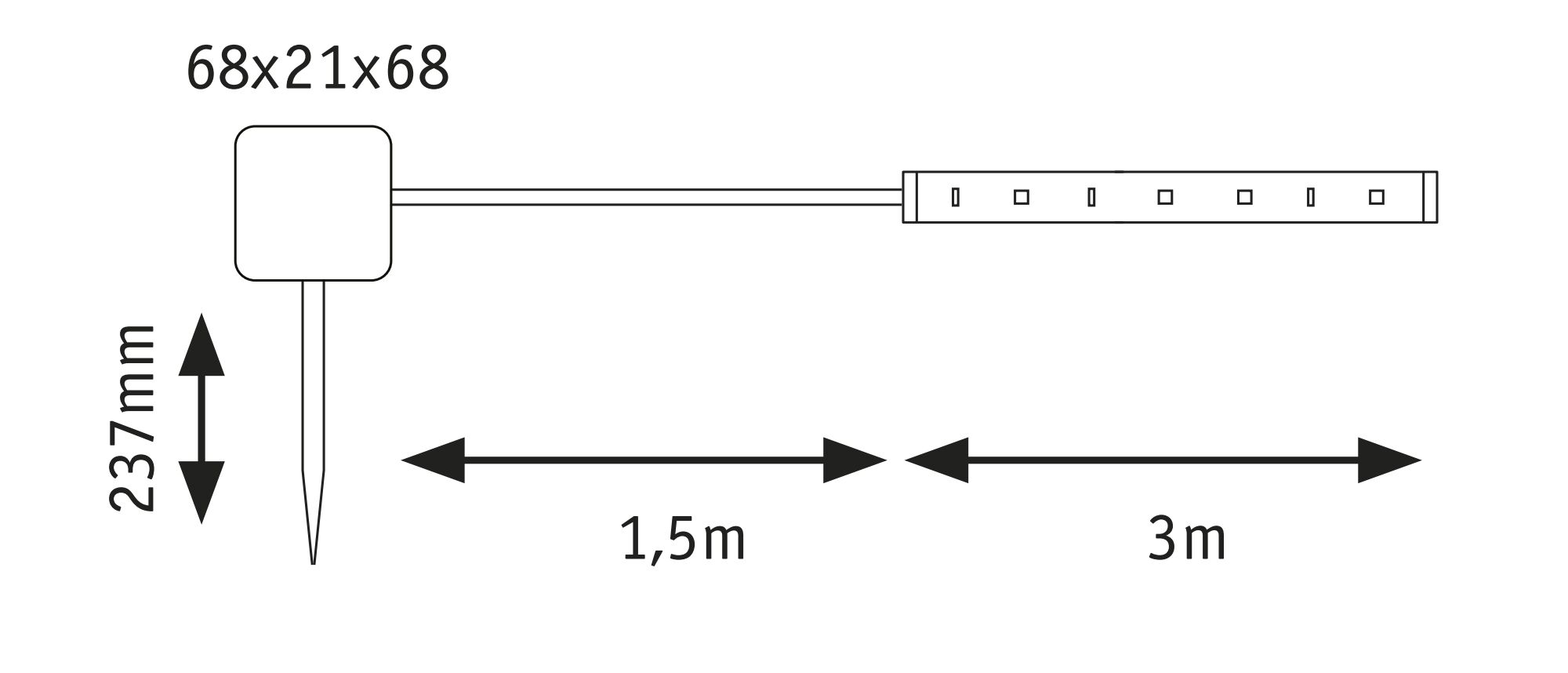 Technical drawing of power strip with ground spike, dimensions 68x21x68 mm, cable length 4.5 m