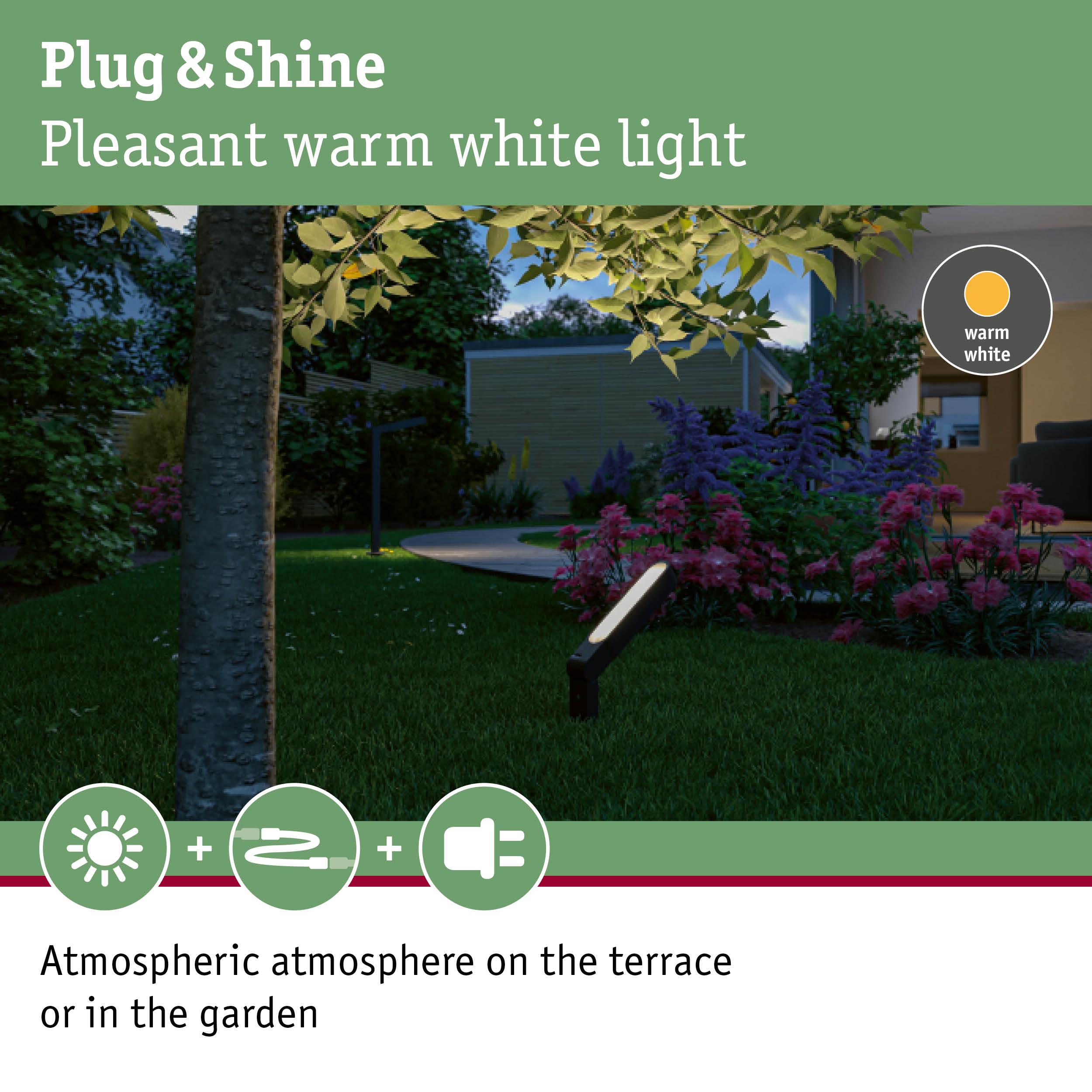 Black LED garden light with warm white glow for atmospheric terrace and garden lighting