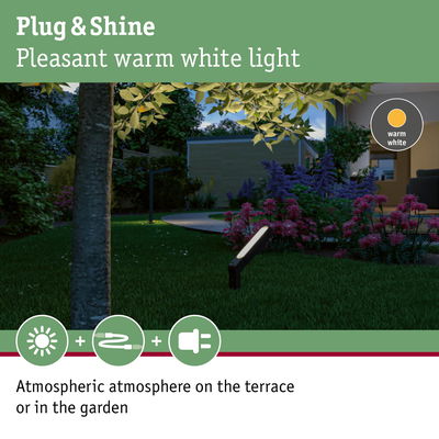 Black LED garden light with warm white glow for atmospheric terrace and garden lighting