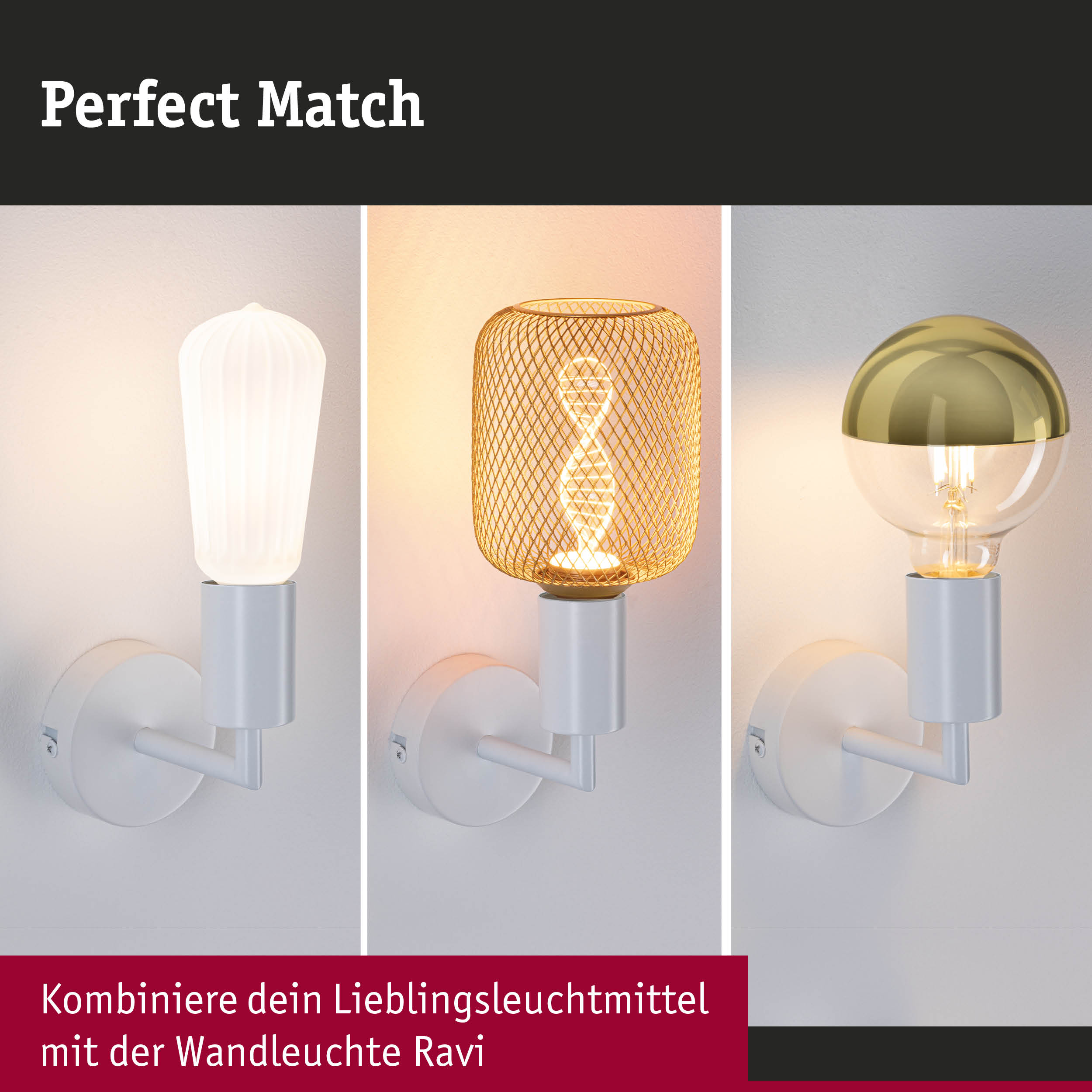 Drei moderne Wandleuchten mit unterschiedlichen Lampenschirmen in Weiß, Gold und Drahtgeflecht für Wohnräume