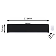 Black metal LED light measuring 372 mm wide and 74 mm high, modern wall lamp design
