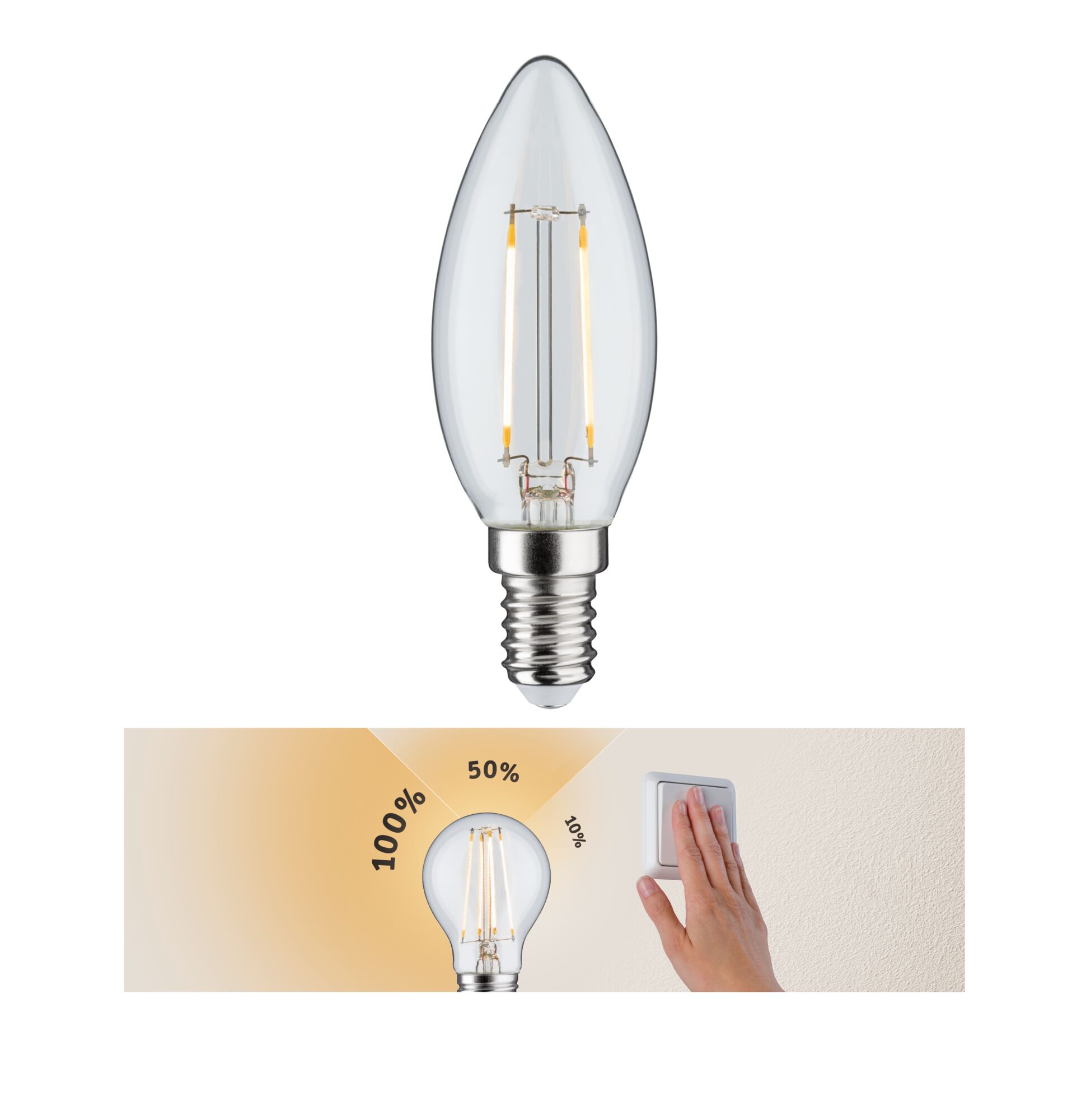 Clear LED candle bulb with E14 base and dimmable feature for adjustable warm lighting