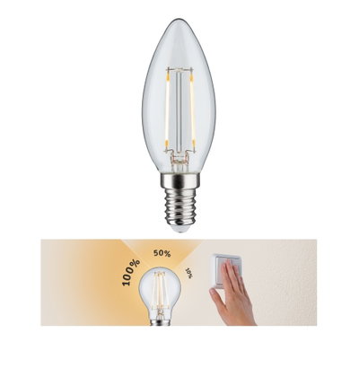 Klares LED-Leuchtmittel in Kerzenform mit E14-Sockel und Dimmfunktion für stimmungsvolle Beleuchtung