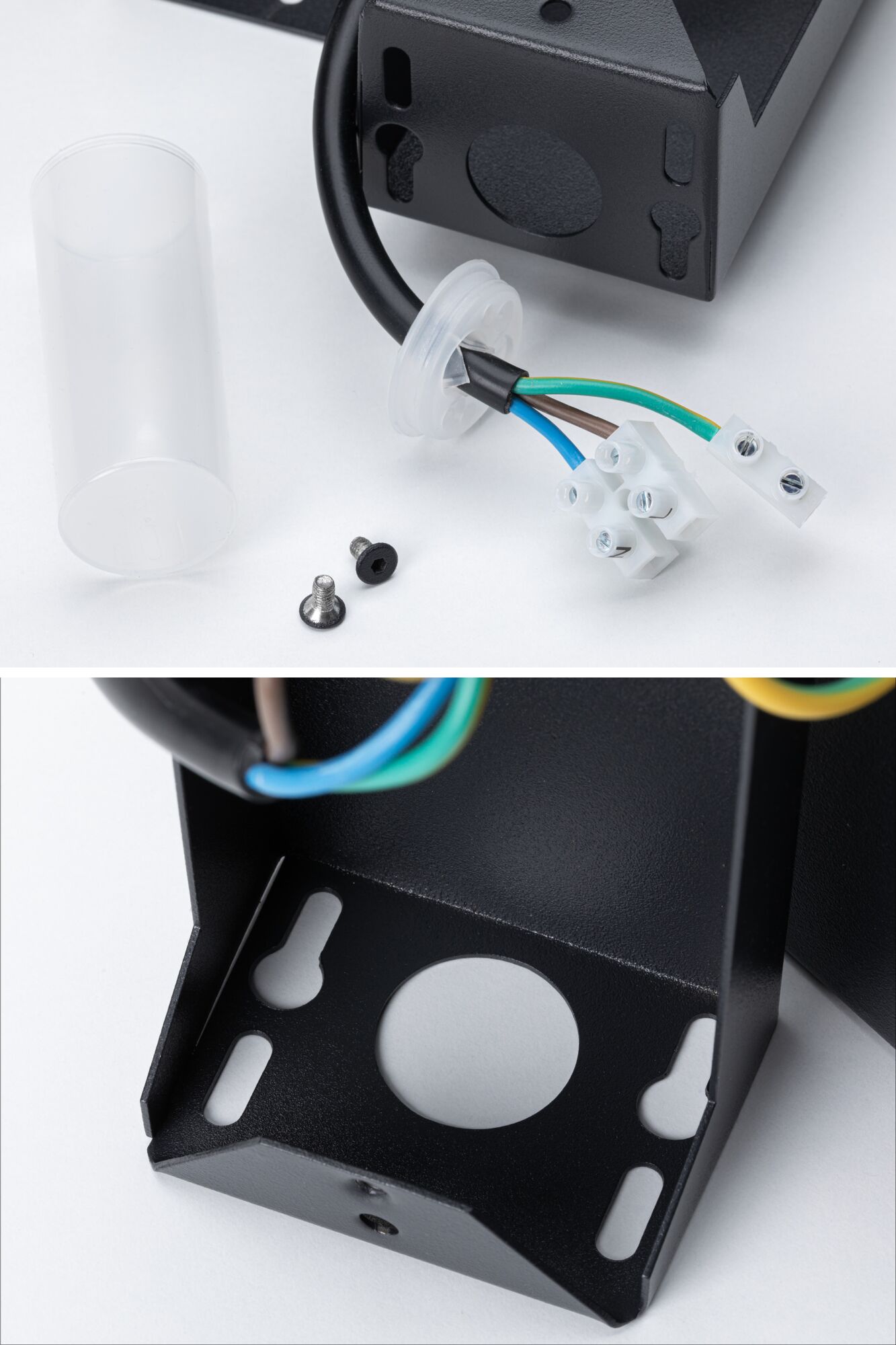 Schwarzes Metallgehäuse mit elektrischen Anschlusskabeln und Schrauben für LED-Beleuchtung Montage