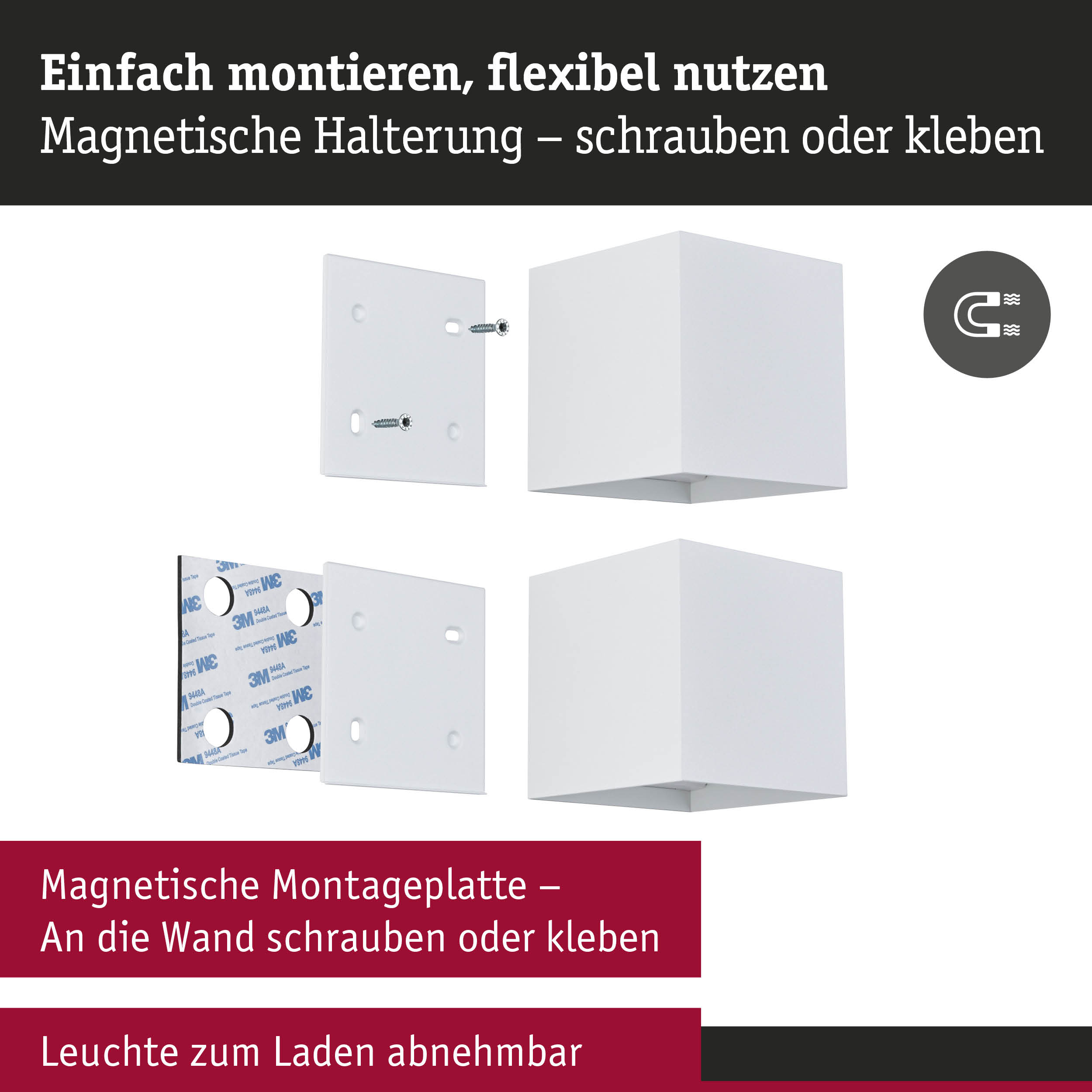 Weiße magnetische Montageplatte mit Schrauben und Klebefläche für flexible Wandbefestigung