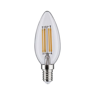 Klarer LED-Kerzenlampe mit E14-Fassung und sichtbaren gelben Filamenten für dekorative Beleuchtung