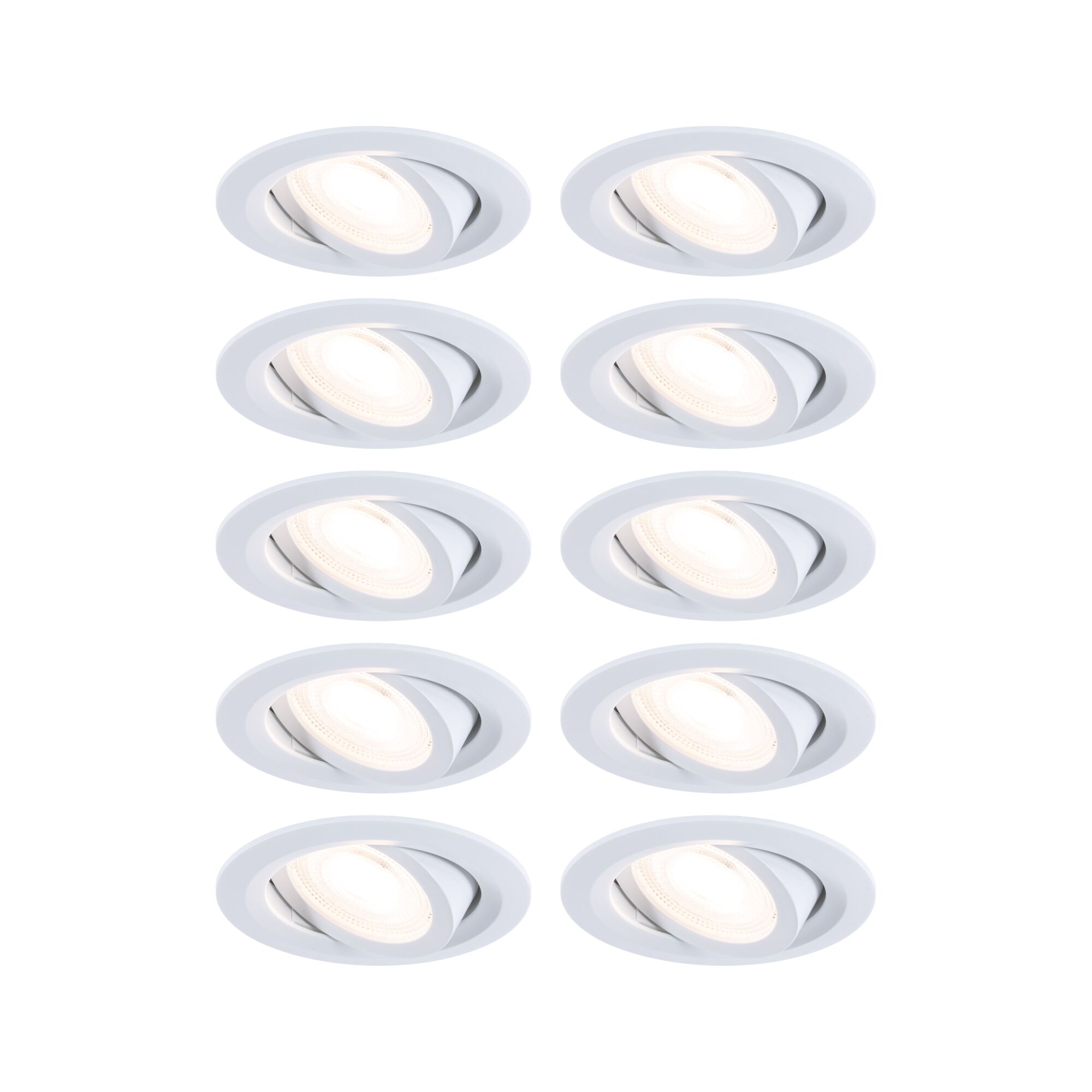 Sechs weiße LED-Einbaustrahler aus Metall mit schwenkbarem Spot für flexible Raumbeleuchtung