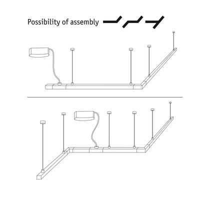 Technical drawing showing assembly options for modular white LED ceiling light with suspension rods