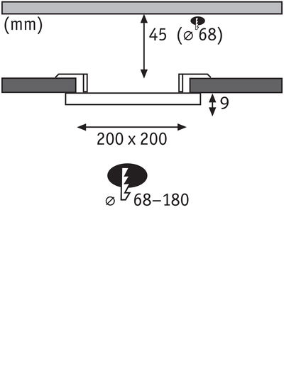 Technical drawing showing 200x200 mm dimensions and 45 mm depth for LED recessed light.