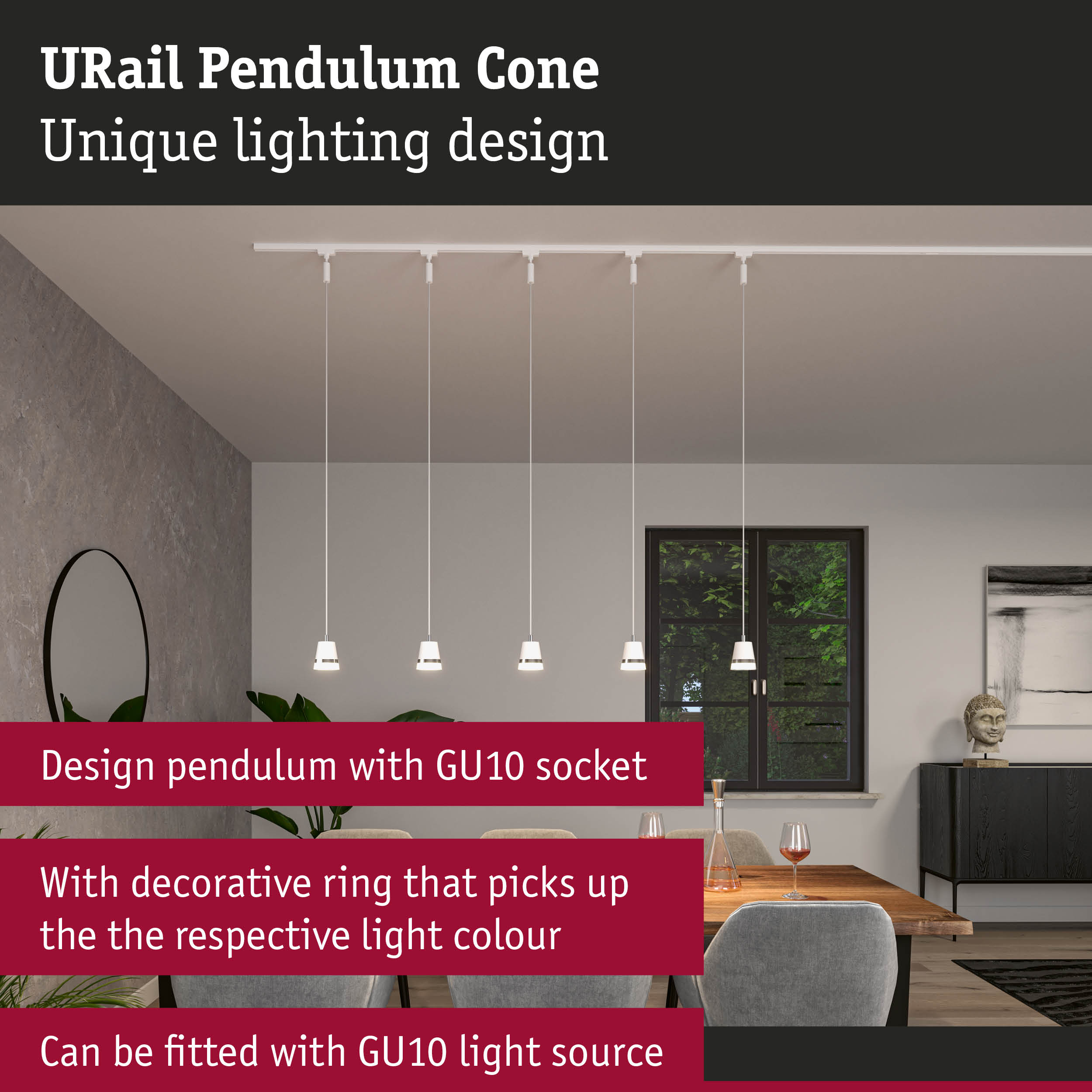 URail Pendulum Cone white pendant lights with GU10 socket in modern dining room with wooden table