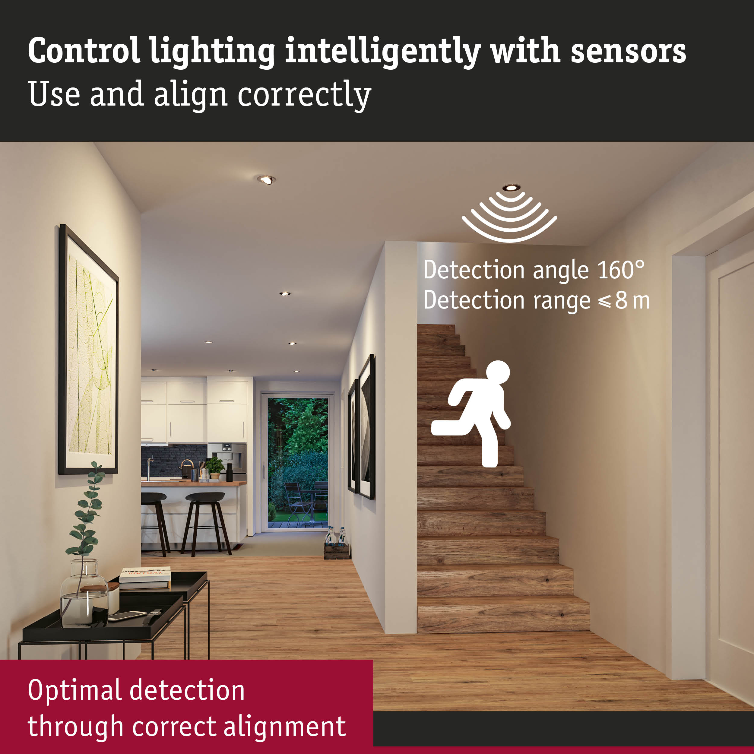Modern hallway with wooden stairs and ceiling lights featuring motion sensors for smart lighting control