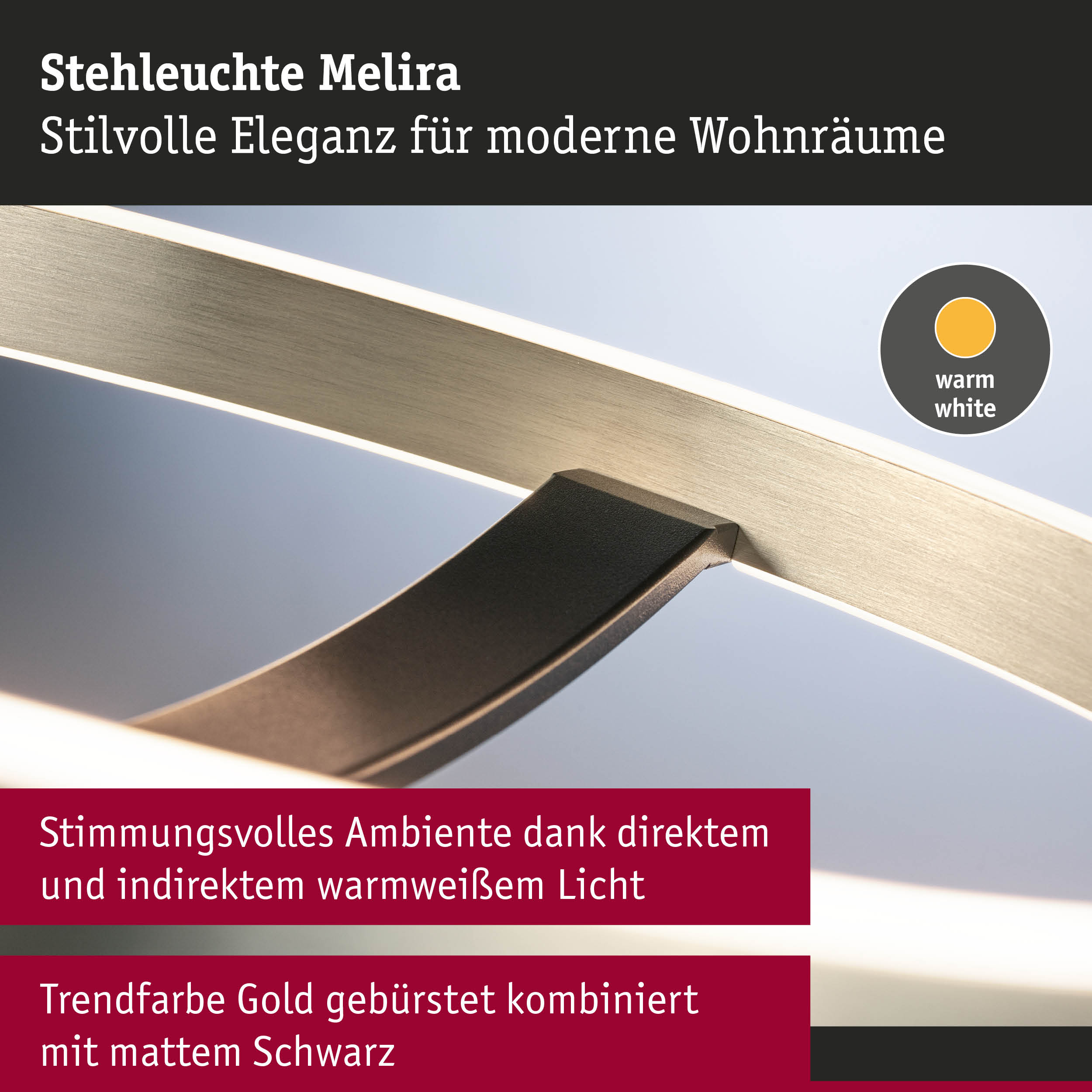 Stehleuchte Melira mit gebürstetem Gold und mattem Schwarz für warmweißes Licht im modernen Wohnraum