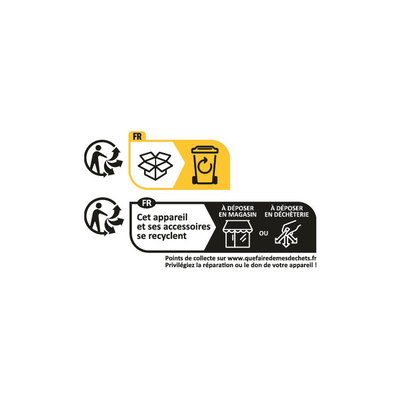 Instructions de recyclage en français indiquant dépôt en magasin ou en déchèterie pour élimination correcte.