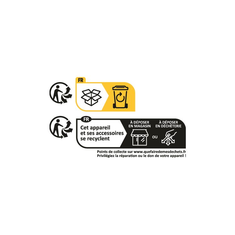 Instructions de recyclage en français indiquant dépôt en magasin ou en déchèterie pour élimination correcte.