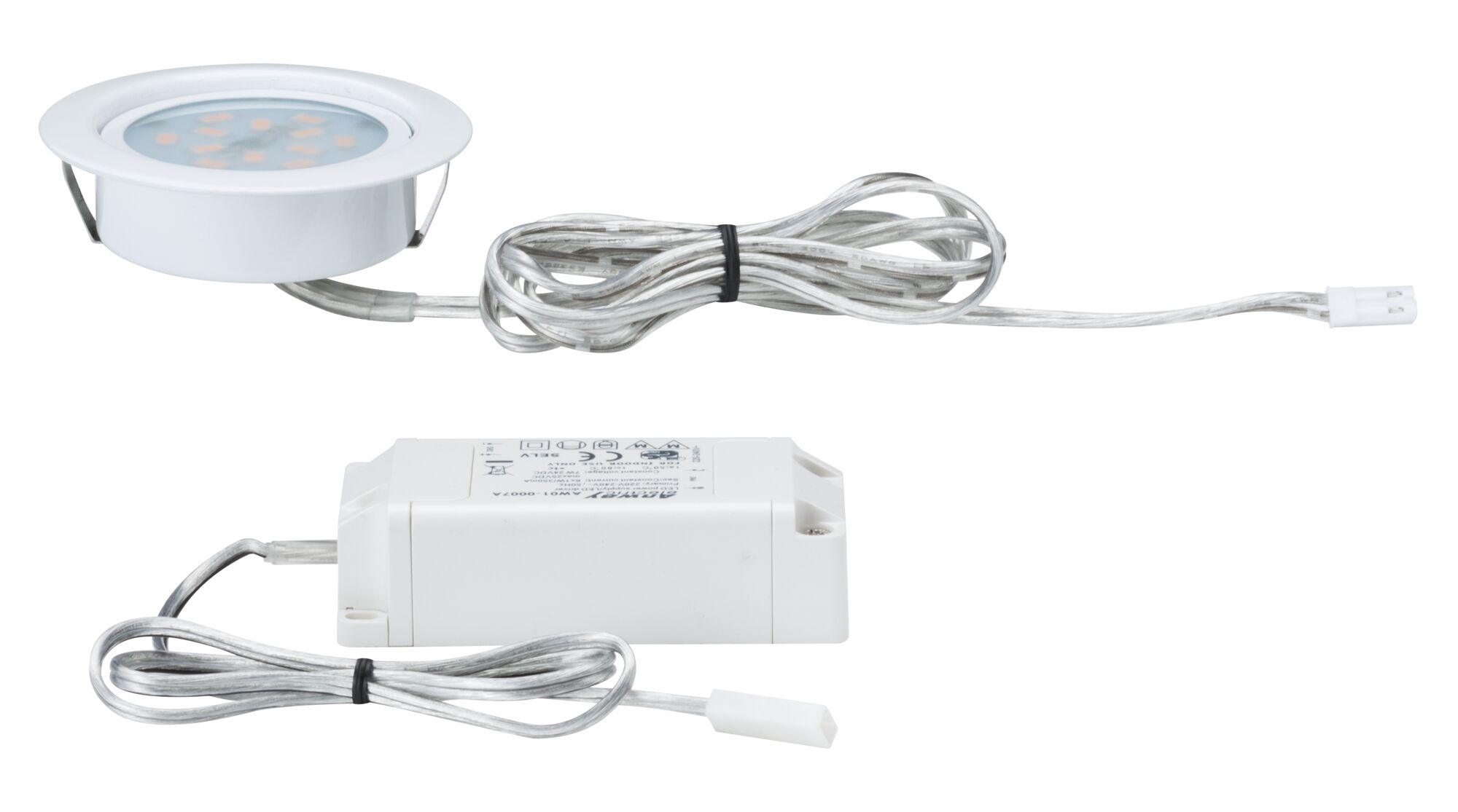 White LED recessed spotlight set with driver and clear cable for modern lighting solutions