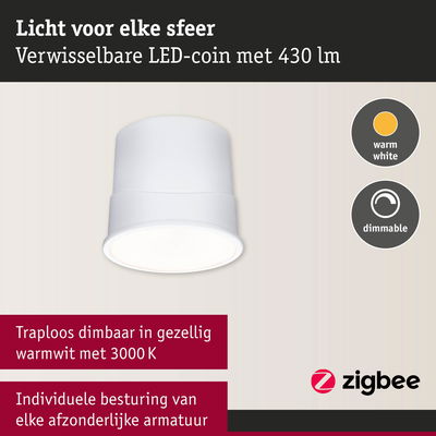 Witte dimbare LED-inbouwspot met warmwit licht 3000K en Zigbee bediening