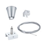 Kit de montage avec câble métallique argenté, support blanc, rosace de plafond argentée et pince pour LED