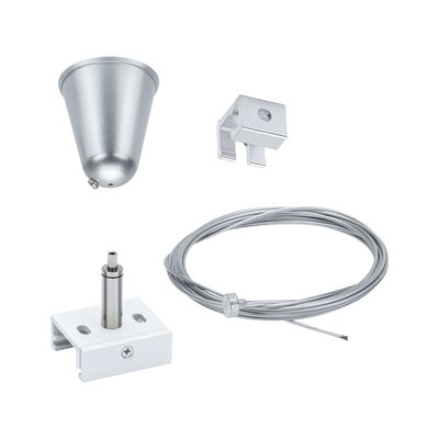 Mounting set with silver metal cable, white bracket, silver ceiling cup and clamp holder for LED lights