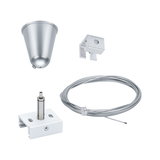 Montageset mit silbernem Metallseil, weißem Halter, silberner Deckenrosette und Klemmhalter für LED-Leuchten