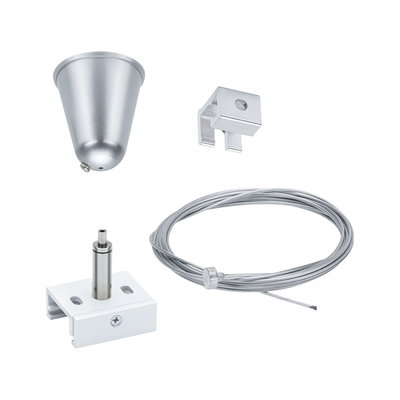Montageset mit silbernem Metallseil, weißem Halter, silberner Deckenrosette und Klemmhalter für LED-Leuchten