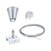 Montageset met zilverkleurige metalen kabel, witte beugel, zilveren plafondkap en klemhouder voor LED-verlichting