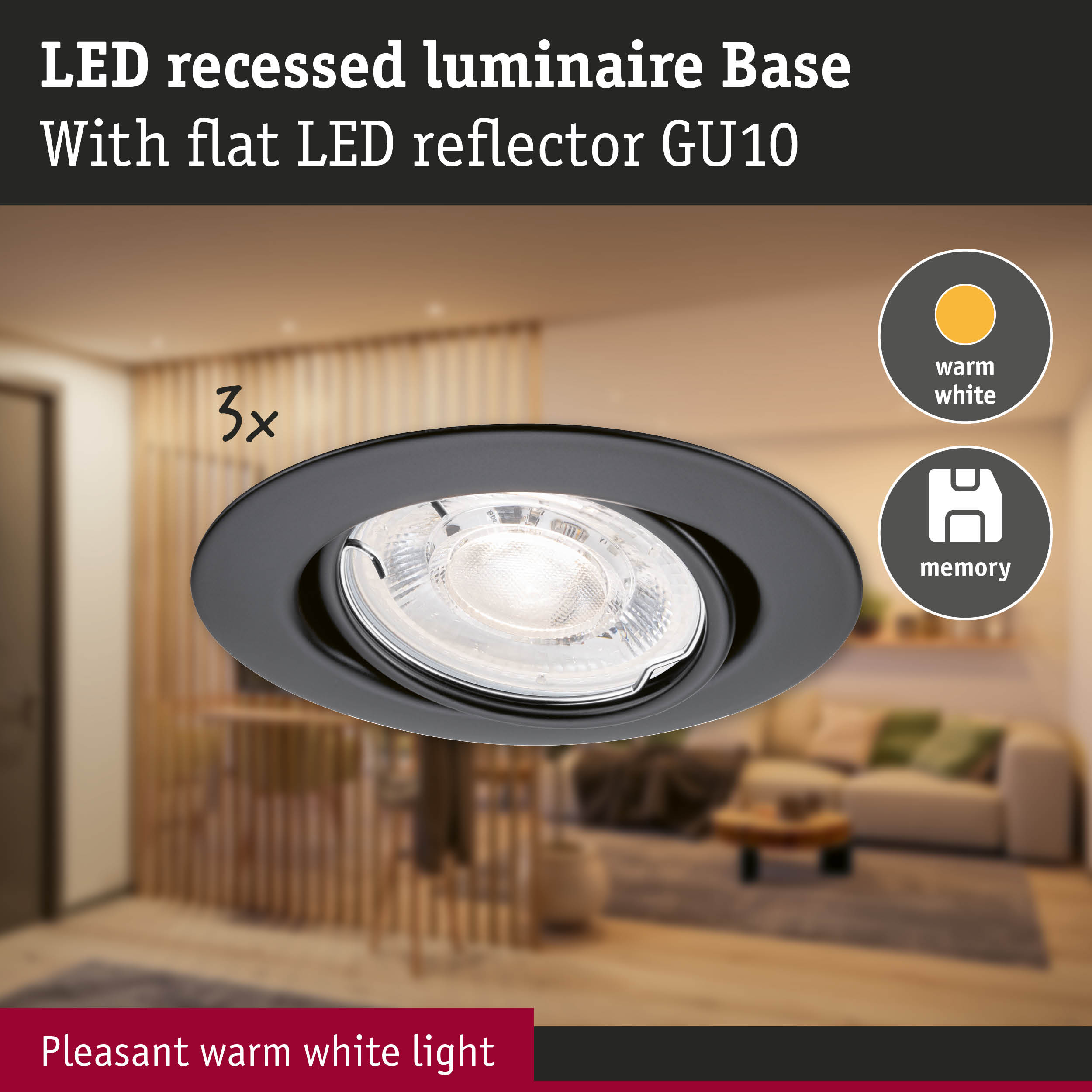 Black LED recessed luminaire with flat GU10 reflector and warm white light for living spaces