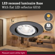Black LED recessed luminaire with flat GU10 reflector and warm white light for living spaces